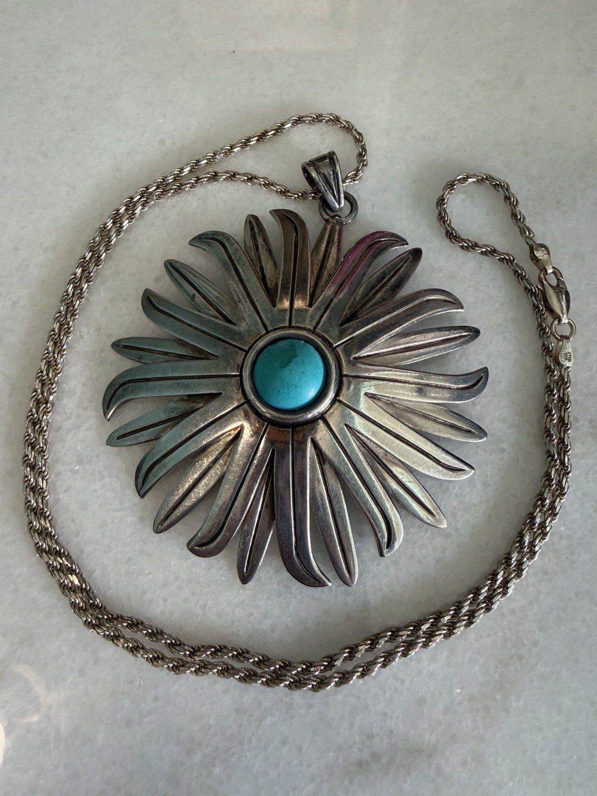 Rare Vintage Taxco Sterling Silver And Turquoise Sunflower Pendant Necklace