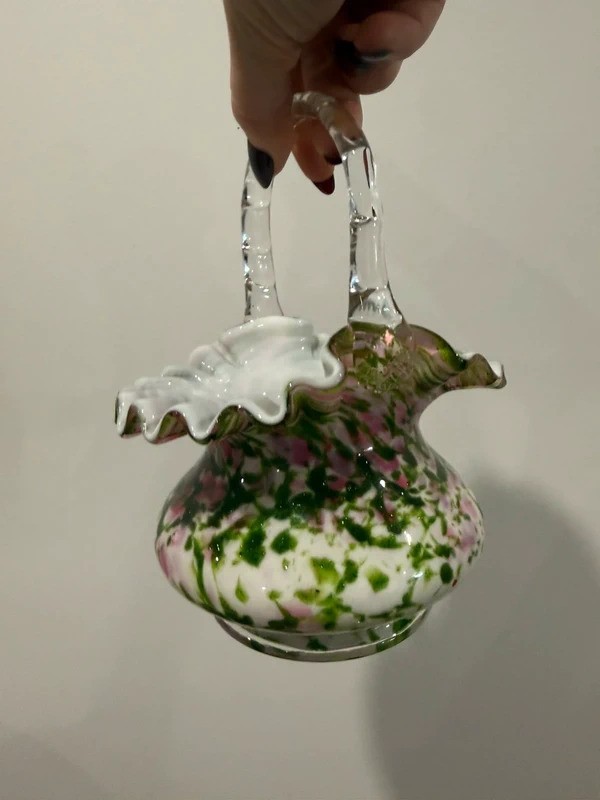 Fenton Art Glass Vasa Murrhina Rose Green Aventurine Basket Crimped Edges Fenton Art Glass Vasa Murrhina Rose Green Aventurine Basket Crimped Edges
