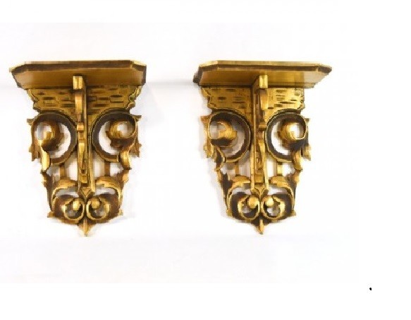 Pair Antique Portuguese Baroque Giltwood Carved Wall Brackets Church Corbels