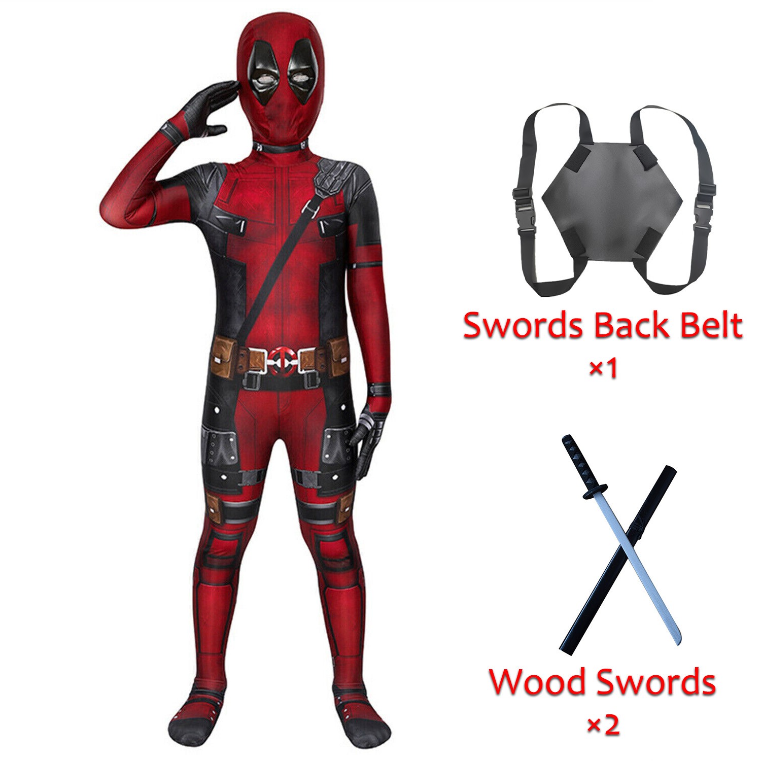 Halloween Kids Deadpool Cosplay Bodysuit & 2 Swords Kit Boy Jumpsuit Costume