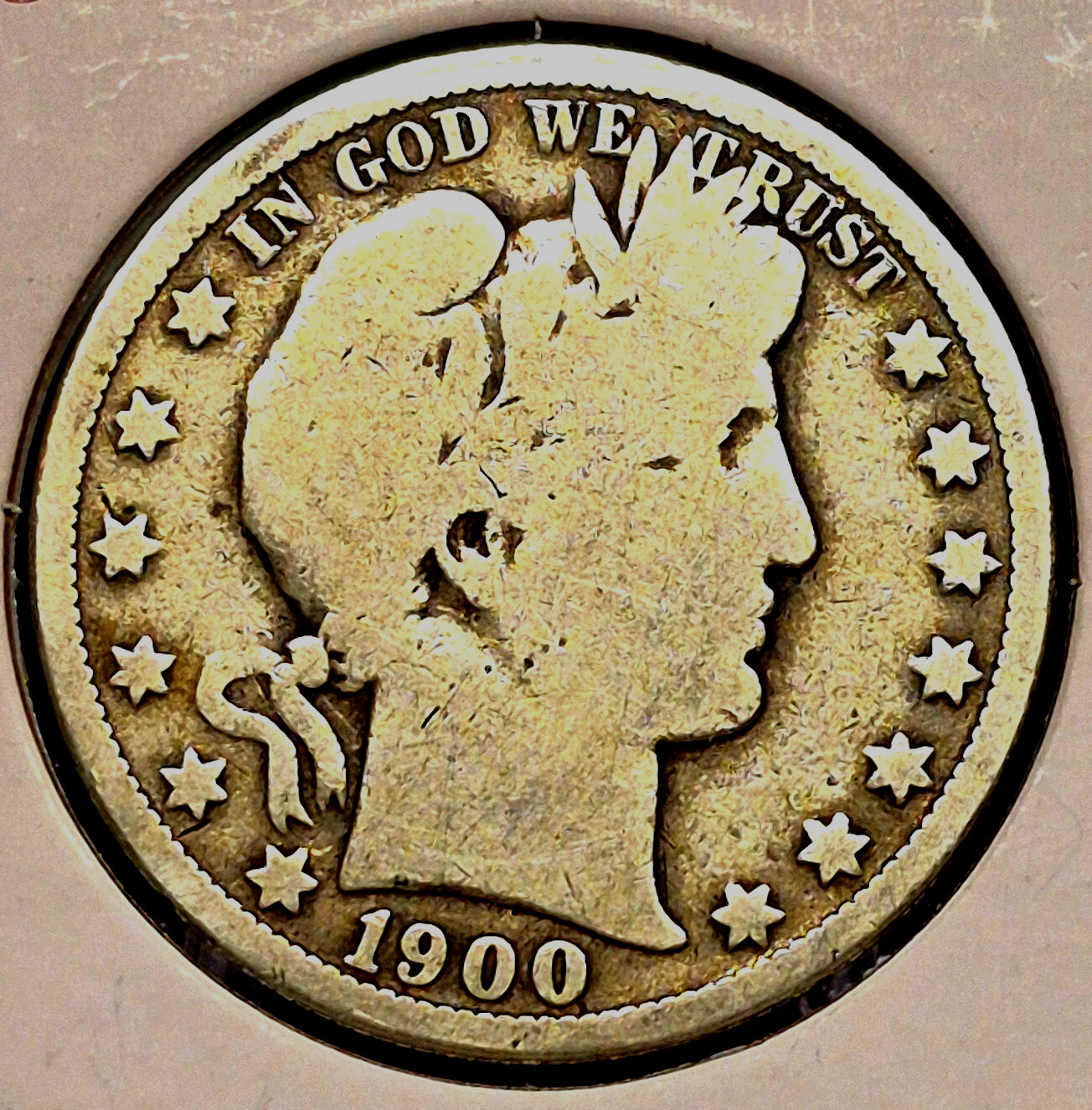 1900 O Barber Half Dollar 90% Silver 50C Circulated Full Rims Partial Motto