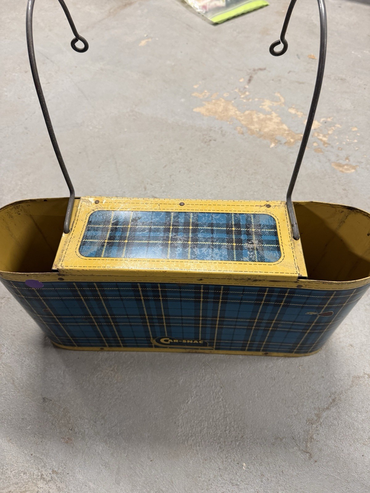 VTG 1950s Blue Plaid Car-Snac Metal Travel Thermos Lunch Set HOLDER ONLY