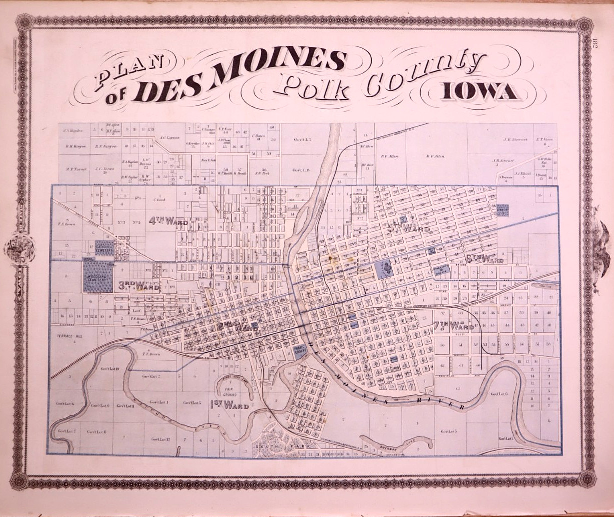 Antique 1875 Map ~ City of Des Moines in Iowa / Polk County on Reverse