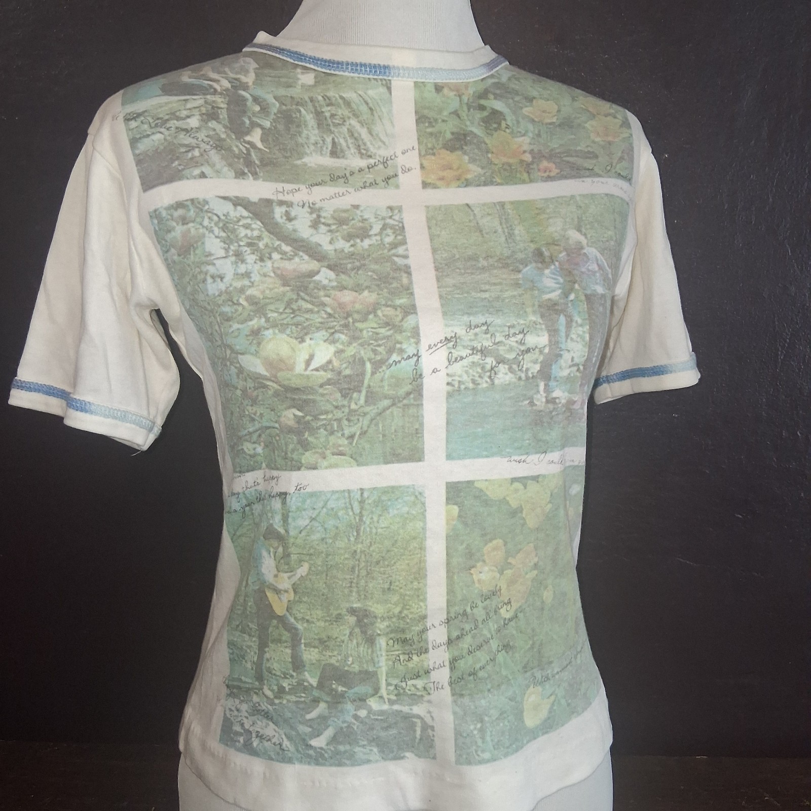 True Vtg. 70s Montgomery Ward Single Stitch Folk Poem Photo Collage Guitar Tee 