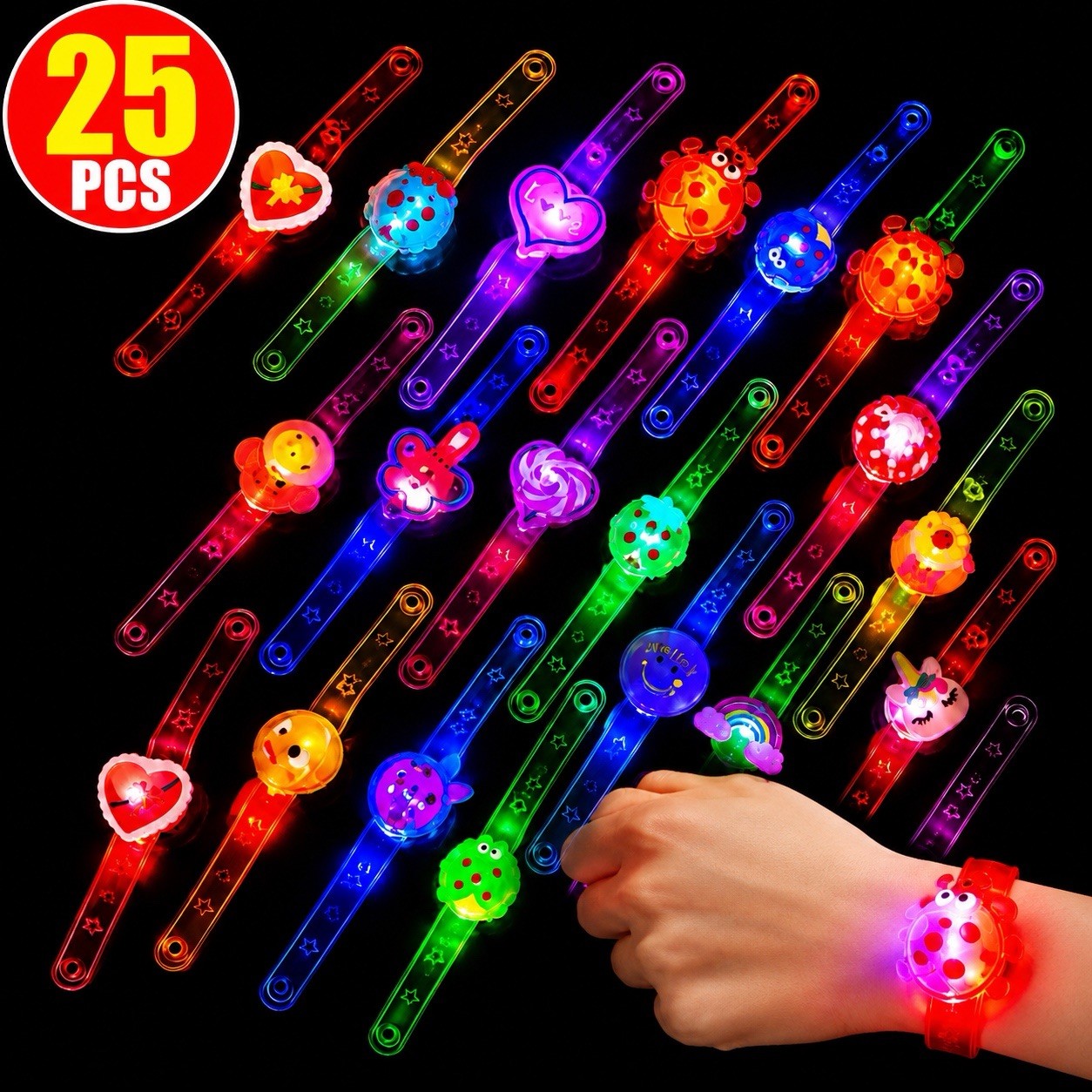 25 Pcs Bulk LED Light Up Bracelets Assorted Flashing Party Favors Glow Toys