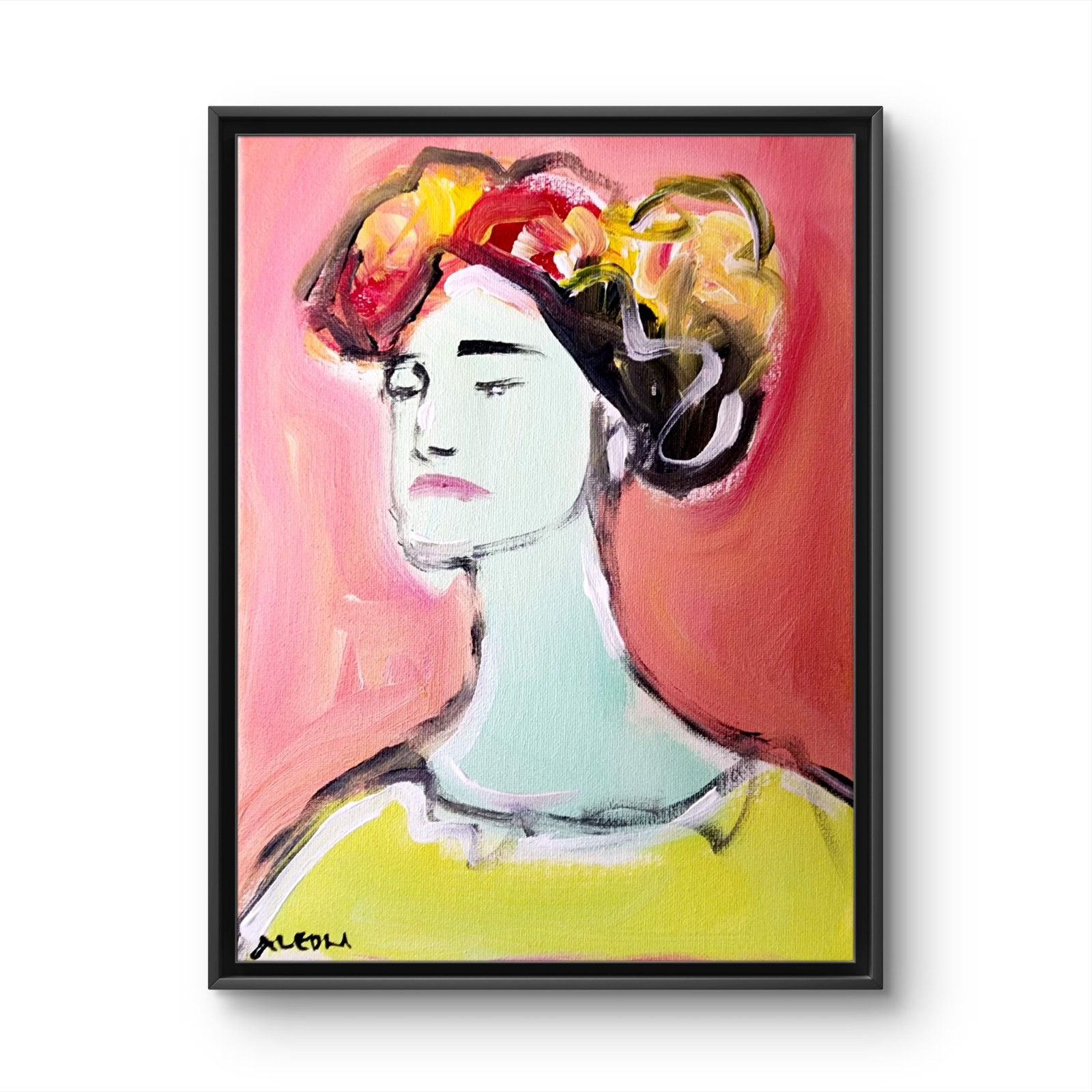 Aleph Original 9x12 Expressionist Woman Flower Crown Pink Painting Signed Canvas
