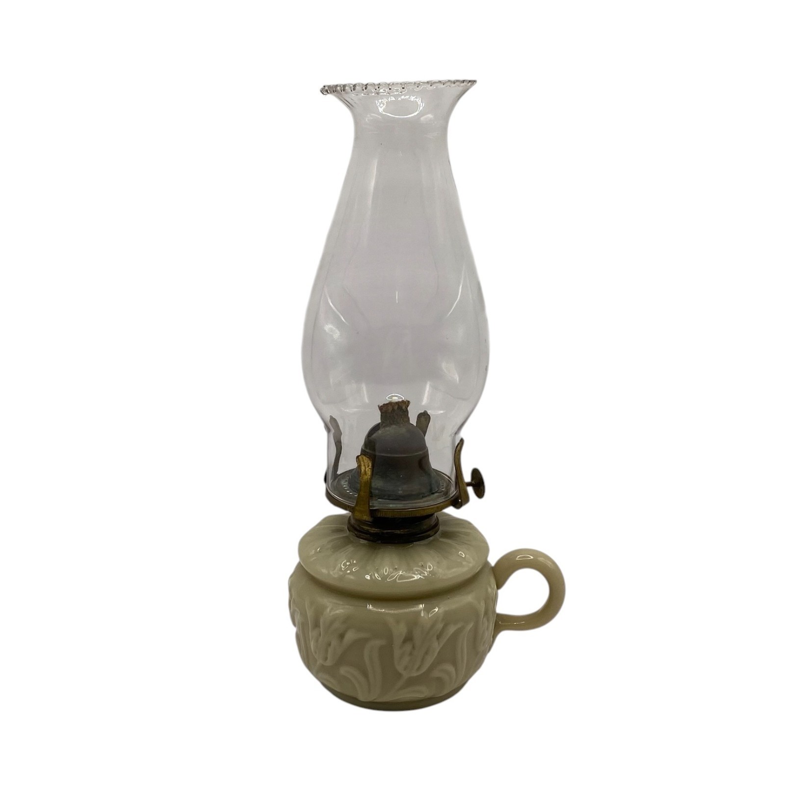 Vintage Custard Green Milk Glass Handled Oil Lamp Floral Design Farmhouse Decor Vintage Custard Green Milk Glass Handled Oil Lamp Floral Design Farmhouse Decor