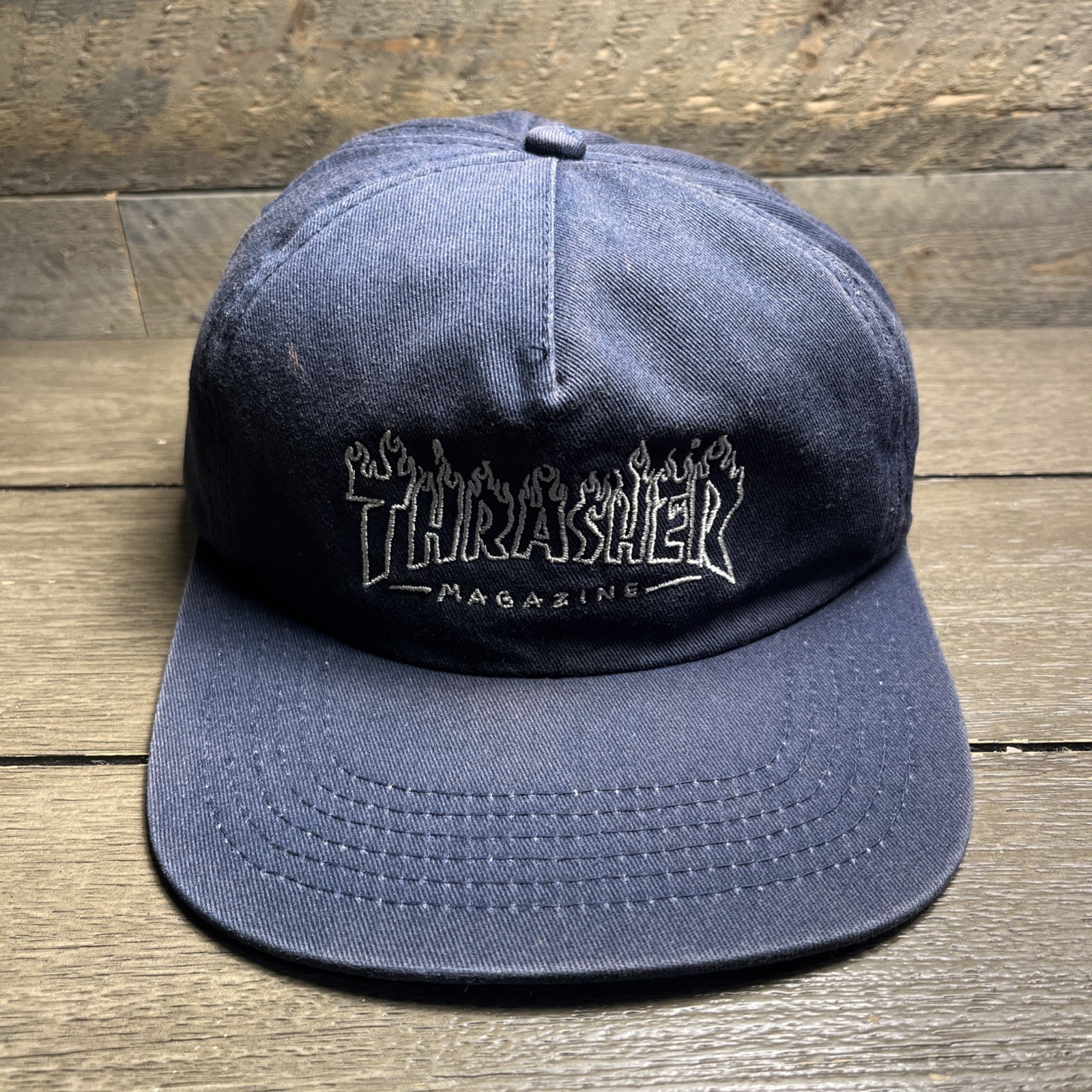 Vintage 90s Thrasher Skateboard Magazine Hat Navy Blue Snapback Cap Flames Fire Vintage 90s Thrasher Skateboard Magazine Hat Navy Blue Snapback Cap Flames Fire
