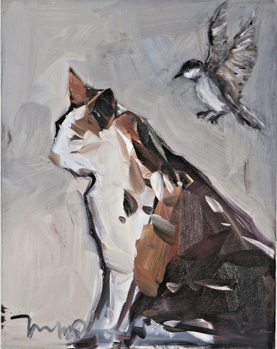 Cat & Bird Original Oil Painting by Jose Trujillo Signed COA — One of His Best