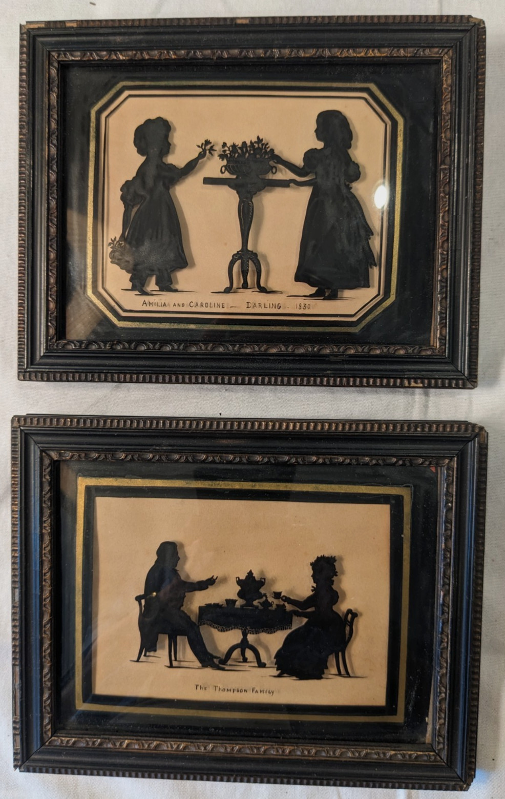 Antique 1836 Silhouette Pair Reverse Glass Painting Darling Thompson Family Art