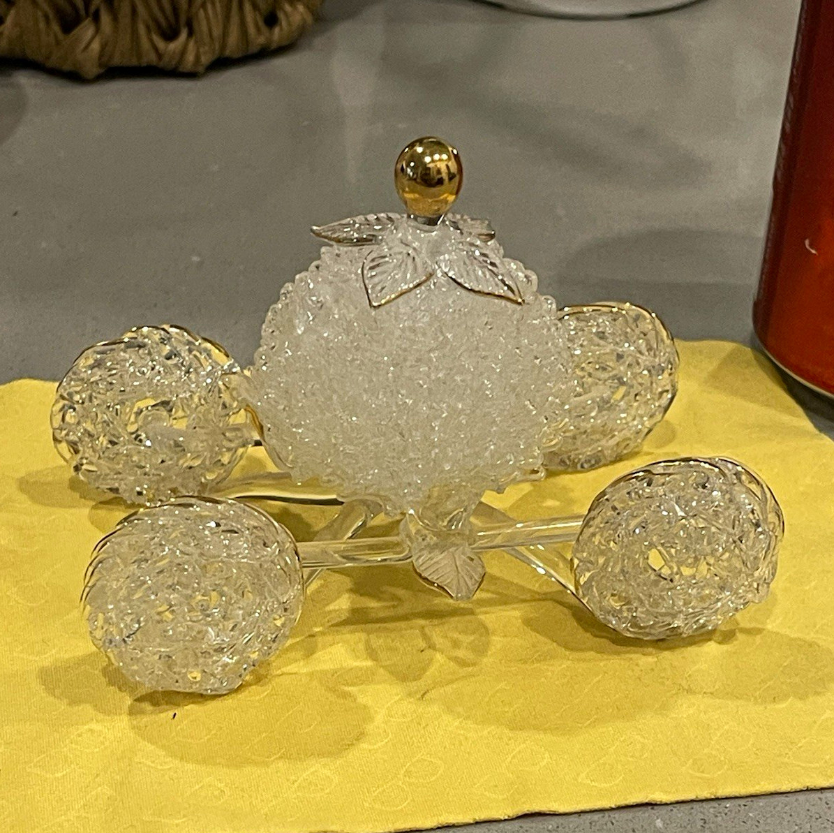 hand-blown and spun glass Cinderella pumpkin coach figurine accented gold trim hand-blown and spun glass Cinderella pumpkin coach figurine accented gold trim