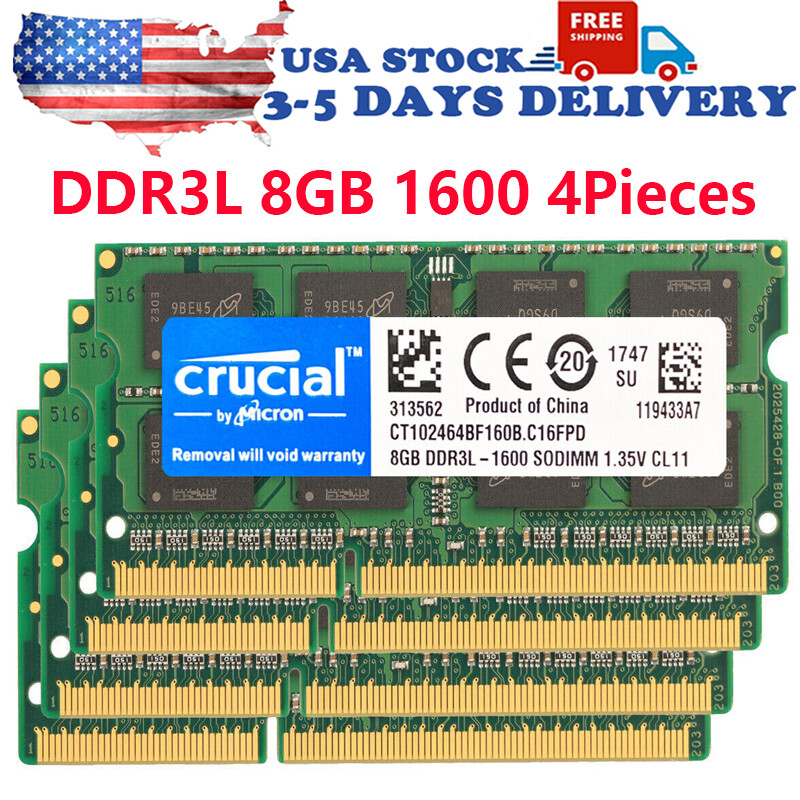 Crucial DDR3L 1600MHz 32GB(4 x 8GB) SODIMM RAM PC3L-12800 2Rx8 Laptop Memory