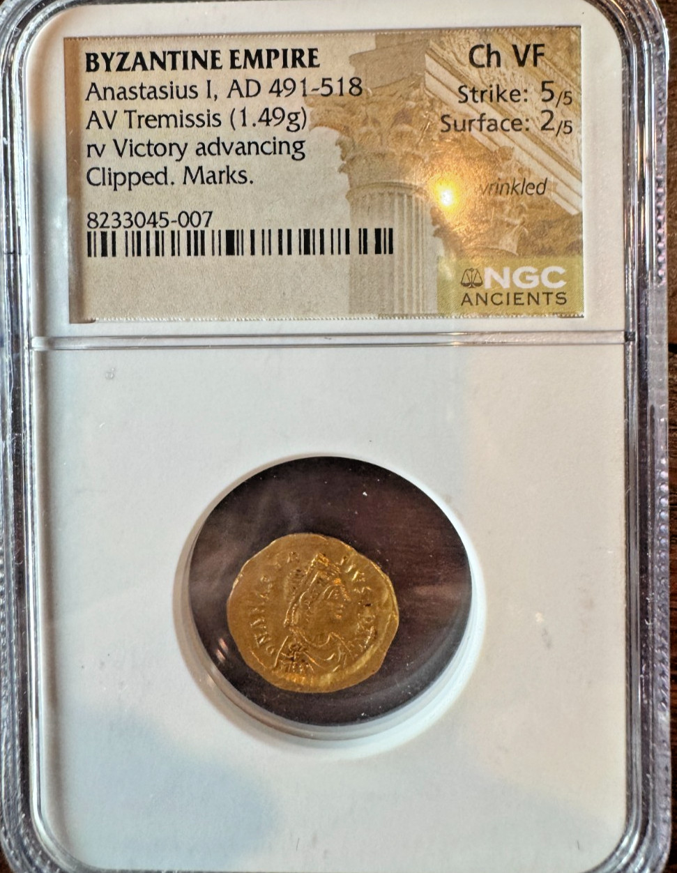 Byzantine Empire Anastasius I, Gold 491-518AD Tremissis RV Victory NGC CH VF5/2 Byzantine Empire Anastasius I, Gold 491-518AD Tremissis RV Victory NGC CH VF5/2