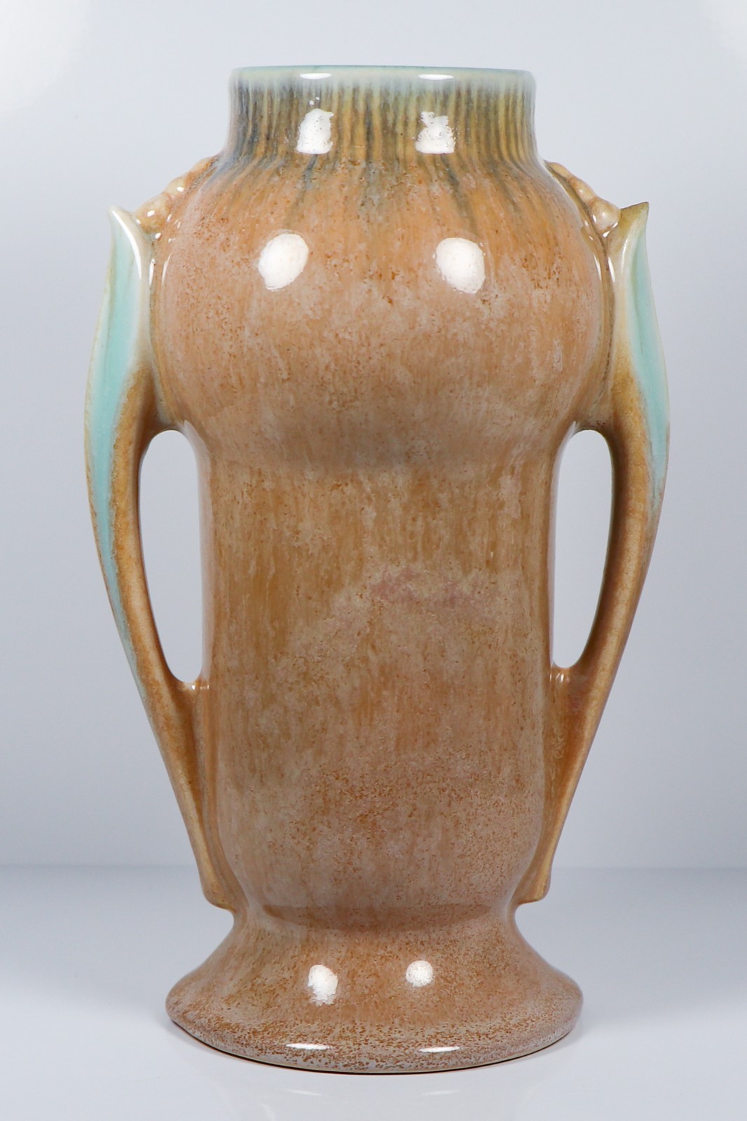 1935 Roseville Art Pottery Orian Mottled Peach & Aqua Vase #733-6