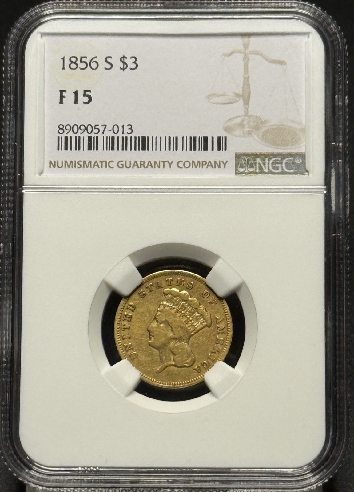 1856-S Three Dollar GOLD Piece $3 NGC F15 1856-S Three Dollar GOLD Piece $3 NGC F15
