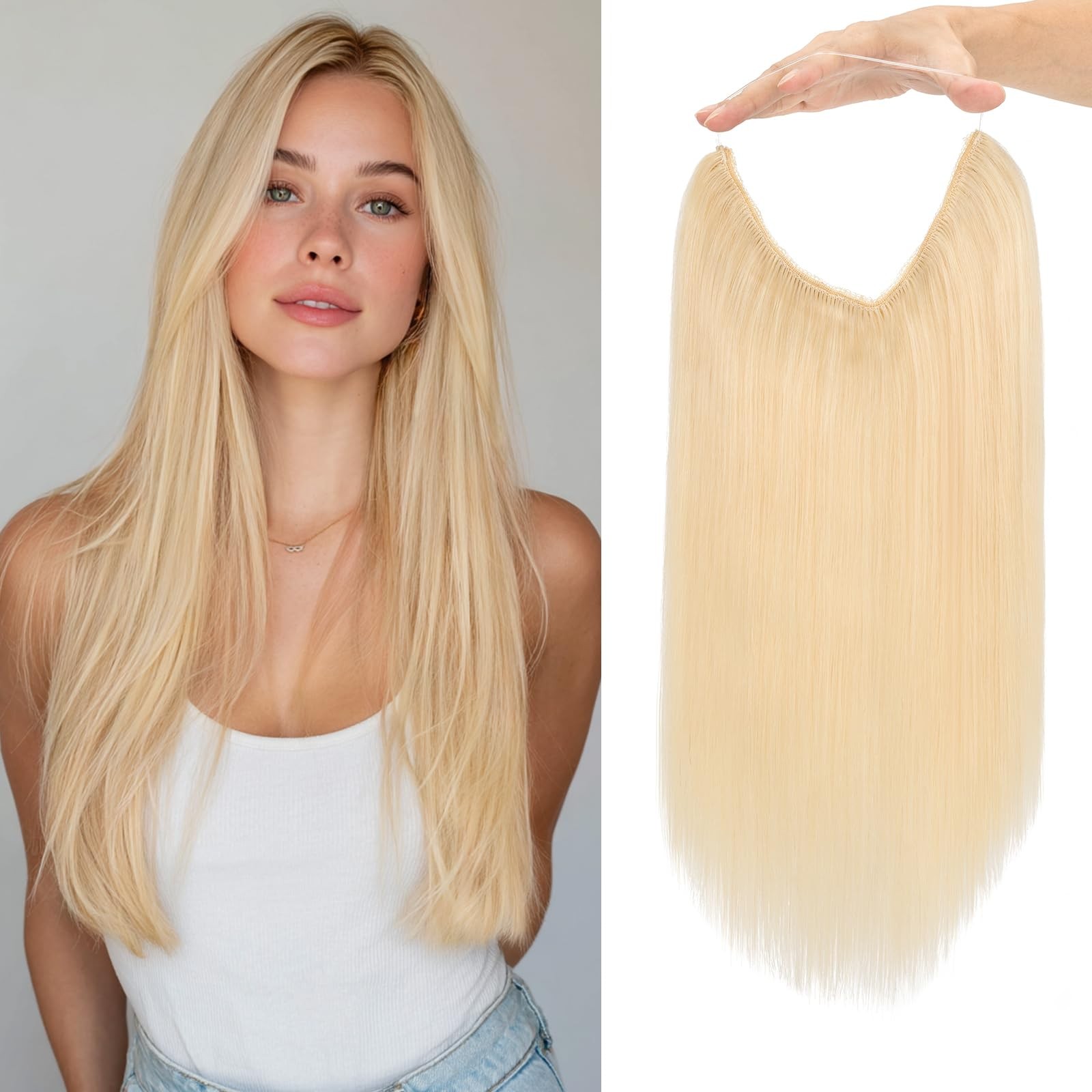 Charites Halo Hair Extensions Real Human Hair Invisible Straight Wire