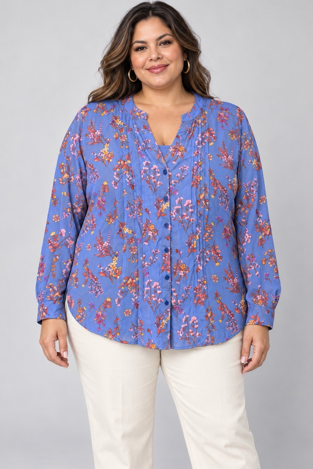 Joan Rivers 1X Periwinkle Floral Pintuck V-Neck Button Front Blouse A723840 New