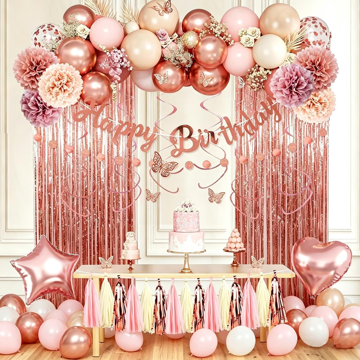 Pink Rose Gold Birthday Banner Decorations for Women Girls Happy Birthday Sig...