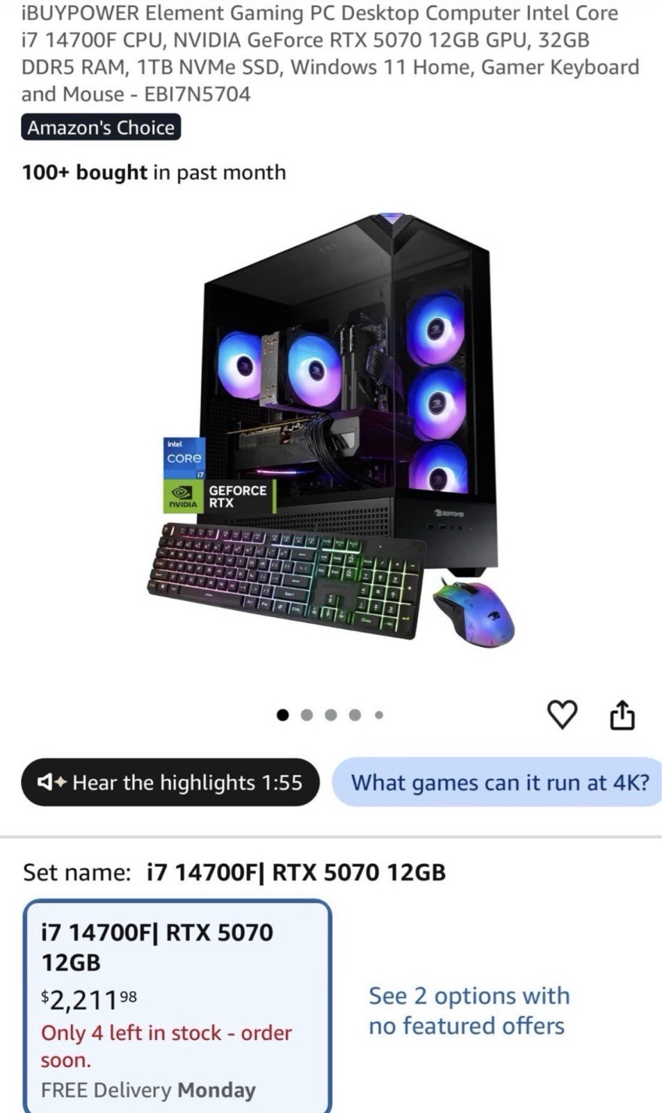 iBUYPOWER Element Gaming PC EBI7N5704 i7 14th Gen RTX 5070 32GB 1TB