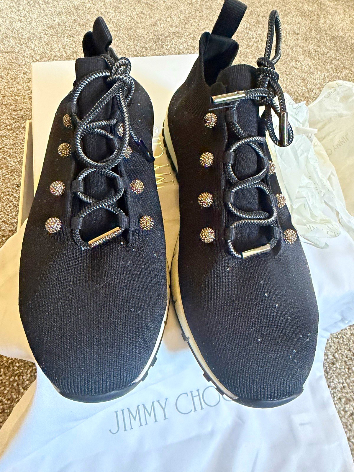 Jimmy Choo Veles Women’s Black Knit Crystal Lace-Up Low Top Sneakers New Box