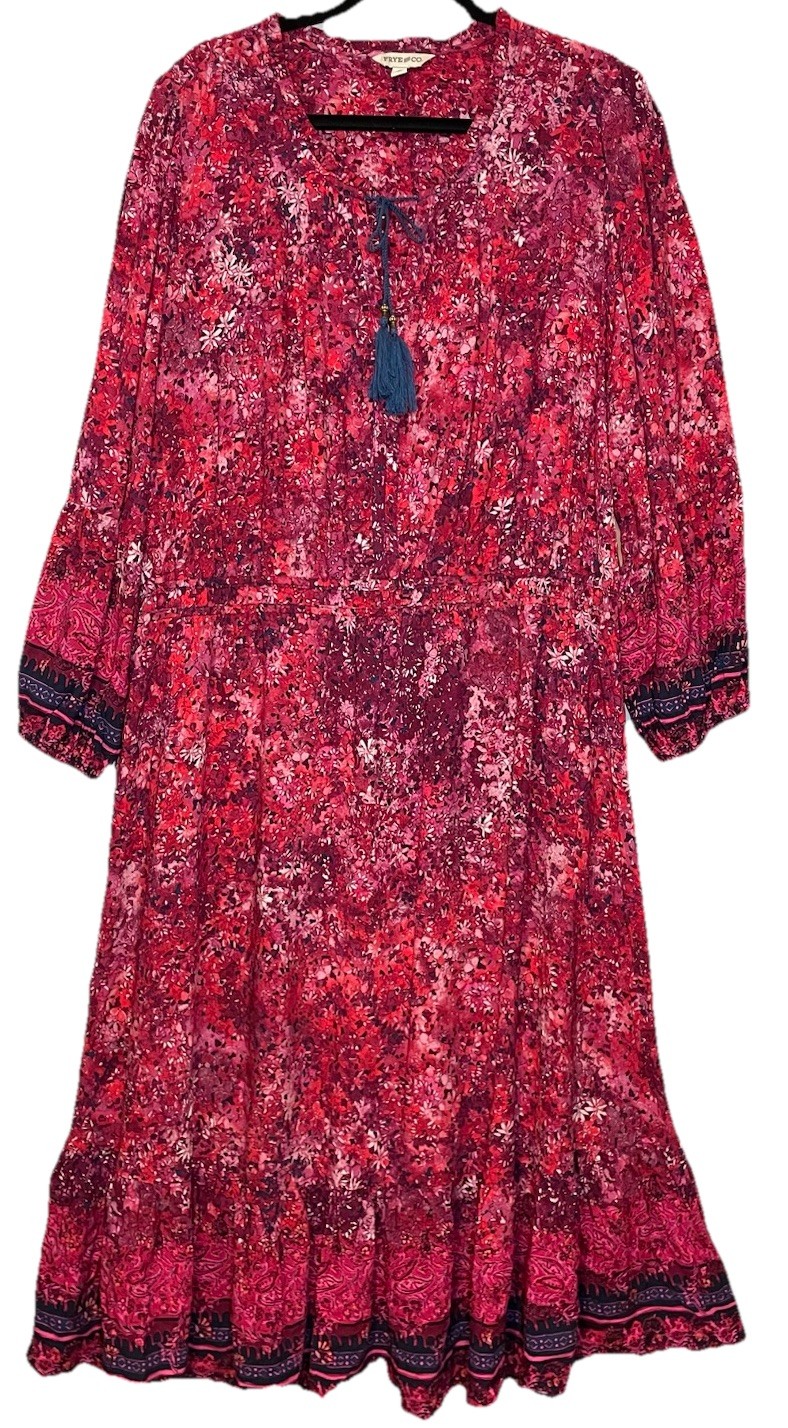 Frye and Co Floral Peasant Maxi Dress Plus Size 2X Cranberry Tassels Boho NWT Frye and Co Floral Peasant Maxi Dress Plus Size 2X Cranberry Tassels Boho NWT