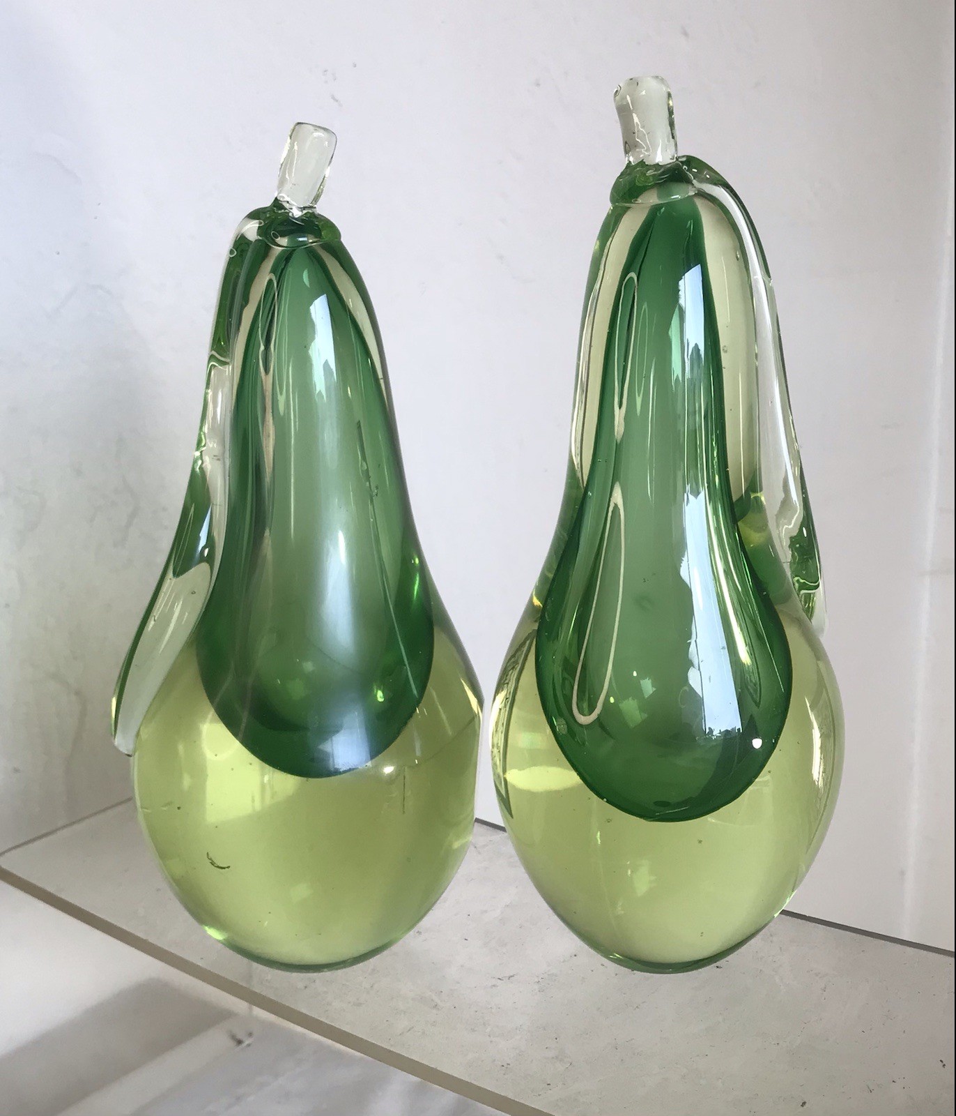 VINTAGE MURANO SCULPTED VASELINE GLASS BOOKENDS FRUIT PEARS SALVIATI & CO LABELS