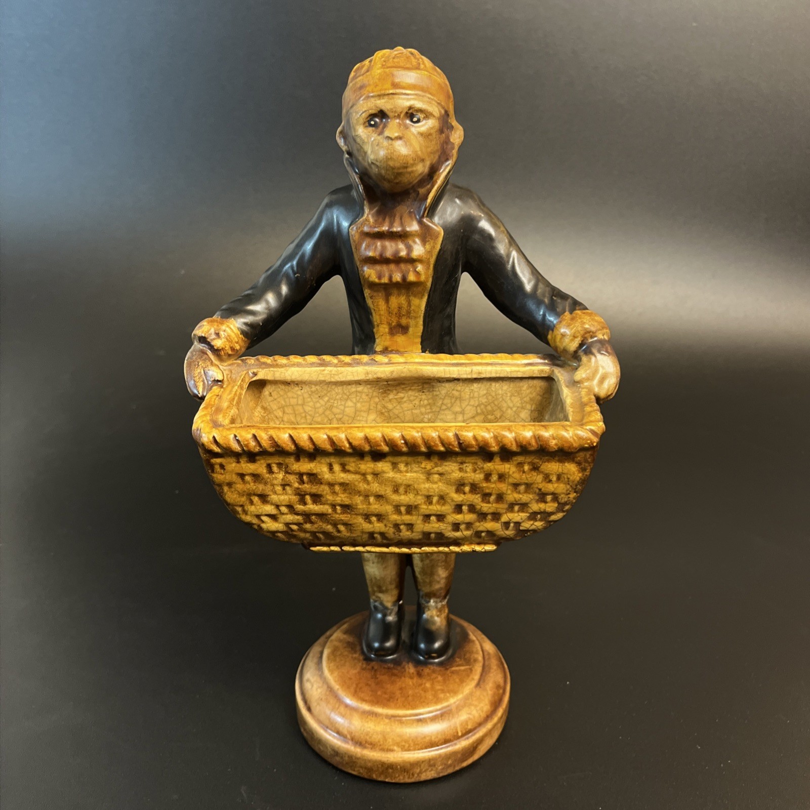 Vtg Chinoiserie Style Monkey Holding Basket Statue Figurine 12\