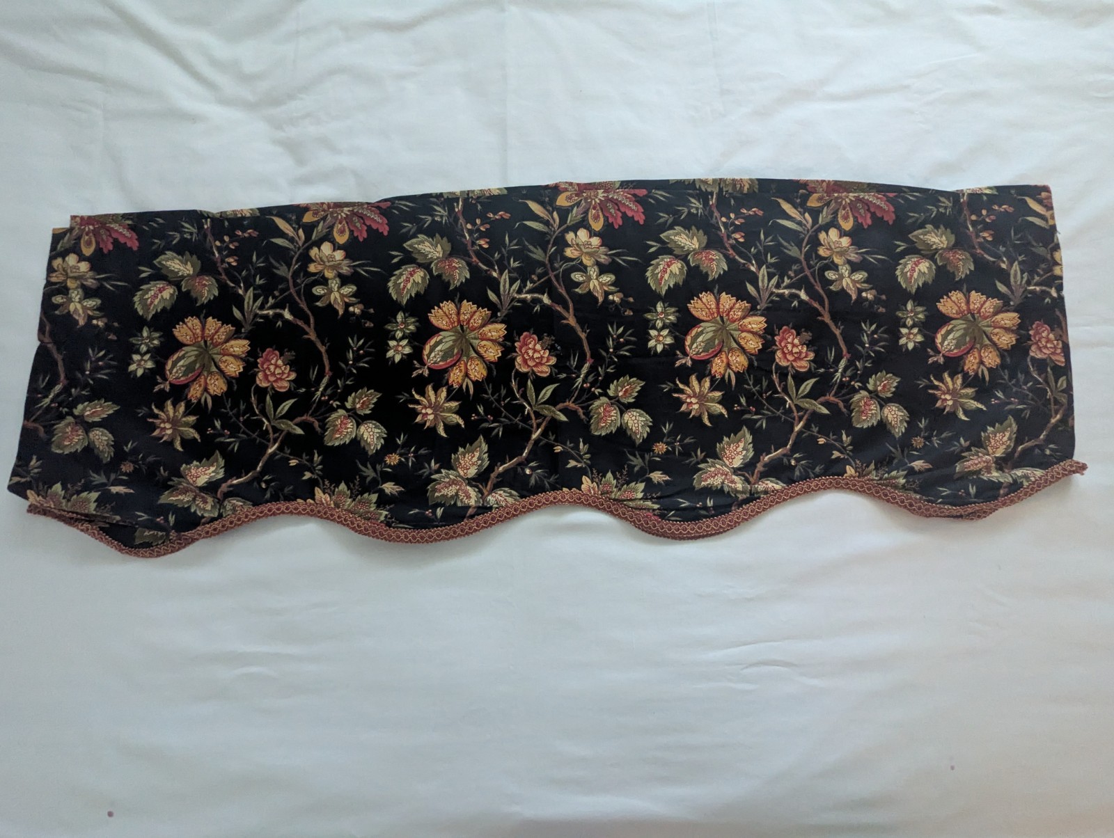 Two (2) Waverly Felicite Noir Black Floral Valance Curtains Scalloped 48x17
