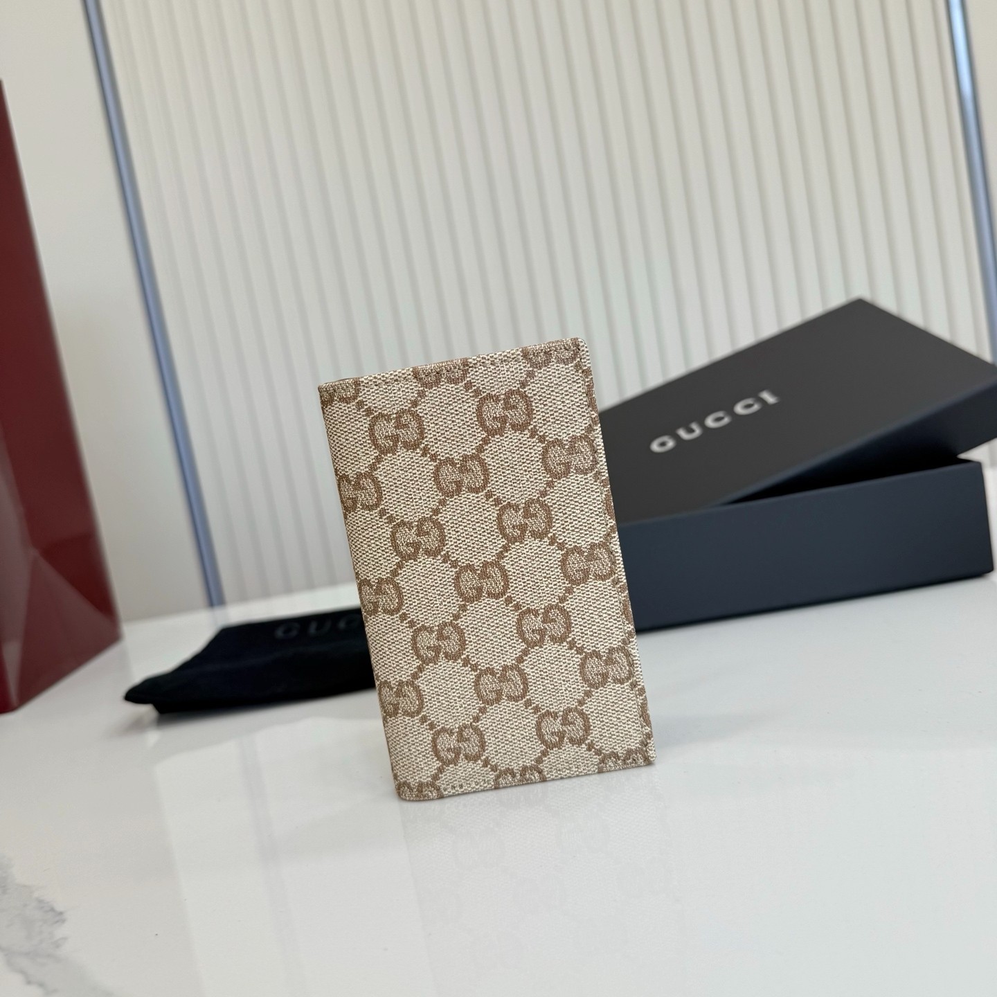 GG Essence Classic Card Case GG Canvas Beige Brown Leather New GG Essence Classic Card Case GG Canvas Beige Brown Leather New