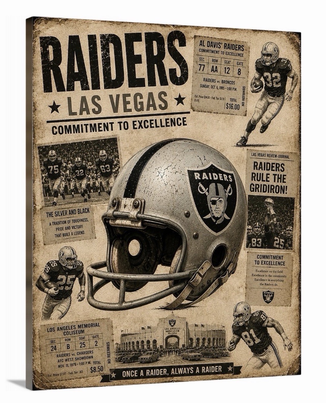 Vintage Las Vegas Raiders Helmet Canvas Wall Art 16x20 NFL Football Man Cave