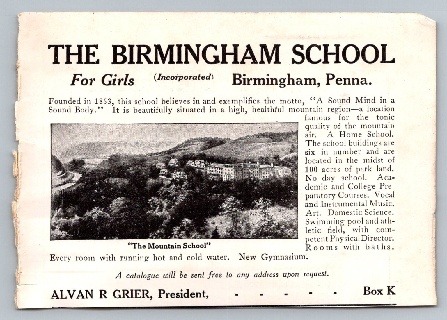 Vintage 1920s Birmingham School For Girls Penna Advertisement Ephemera Vintage 1920s Birmingham School For Girls Penna Advertisement Ephemera
