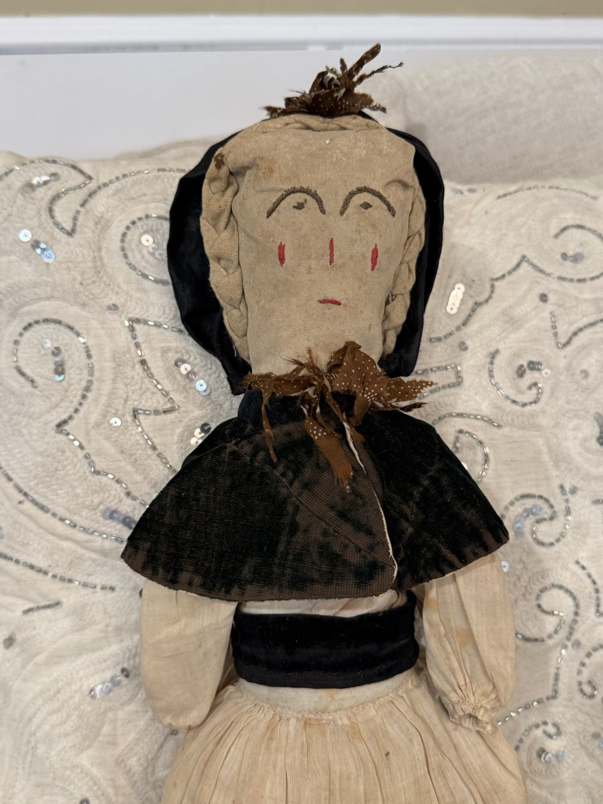 Antique Late 19th Century Folk Art Cloth Rag Doll – Likely 1870s–1880s – 16”