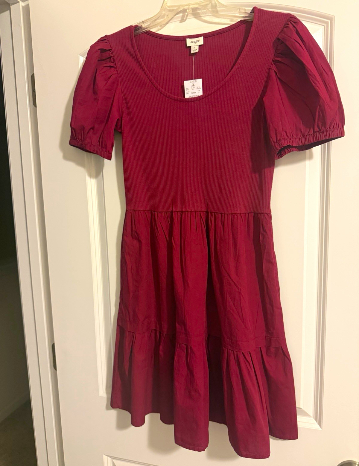 NWT J. Crew Factory Burgundy Ribbed Puff-Sleeve Tiered Casual Dress, Size Small