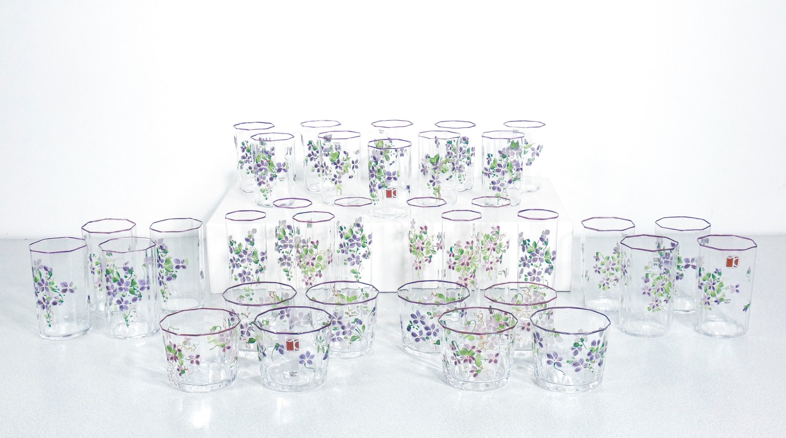 Carlo Moretti Murano Hand-Painted Glass Service 34 Pieces With Flowers