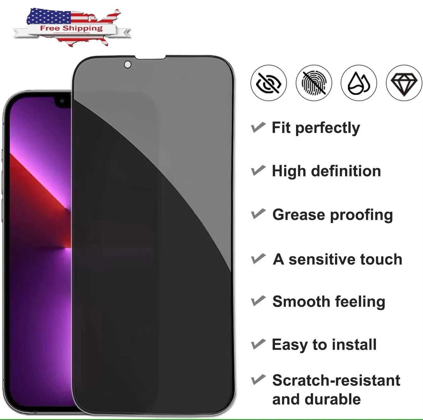 3 Pack Privacy Glass Screen Protector For iPhone X 11 12 13 14 15 16 17 Pro Max