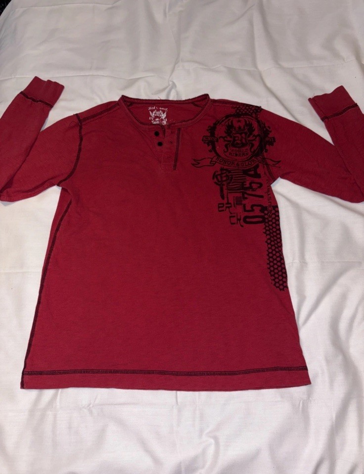Vintage Y2K Waffle Red Black Henley Men M Rebellion Rock Grunge Graphic Print Vintage Y2K Waffle Red Black Henley Men M Rebellion Rock Grunge Graphic Print