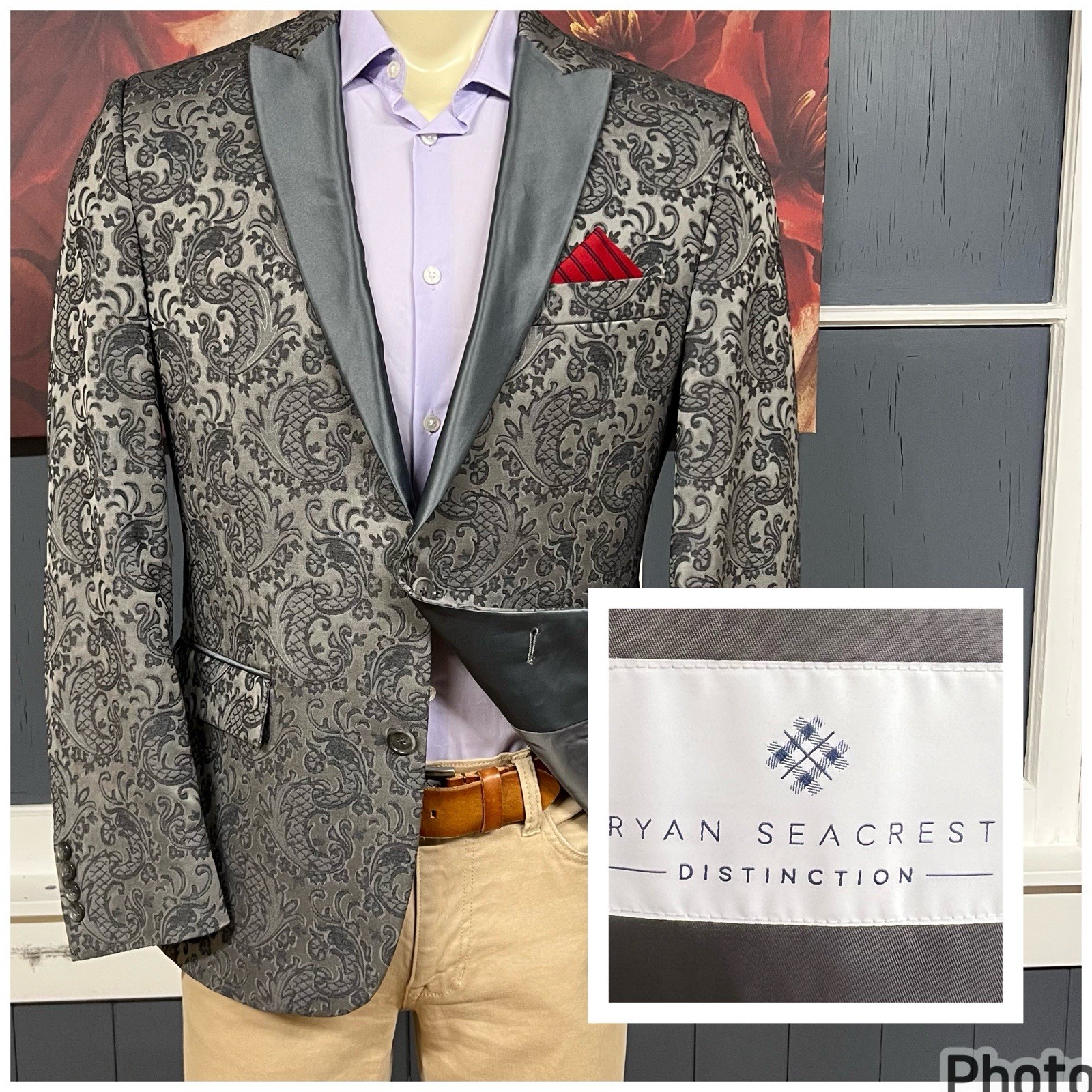 Ryan Seacrest Dinner Jacket Blazer Mens 40R Polyester Blend Stretch Paisley Gray
