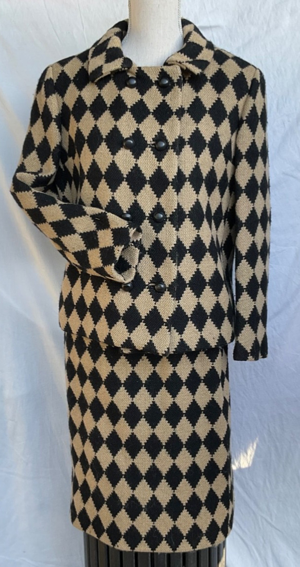 Vtg 50\'s Ransohoffs Sz S Skirt & Jacket  Suit  Beige Diamond Wool Couture Lined