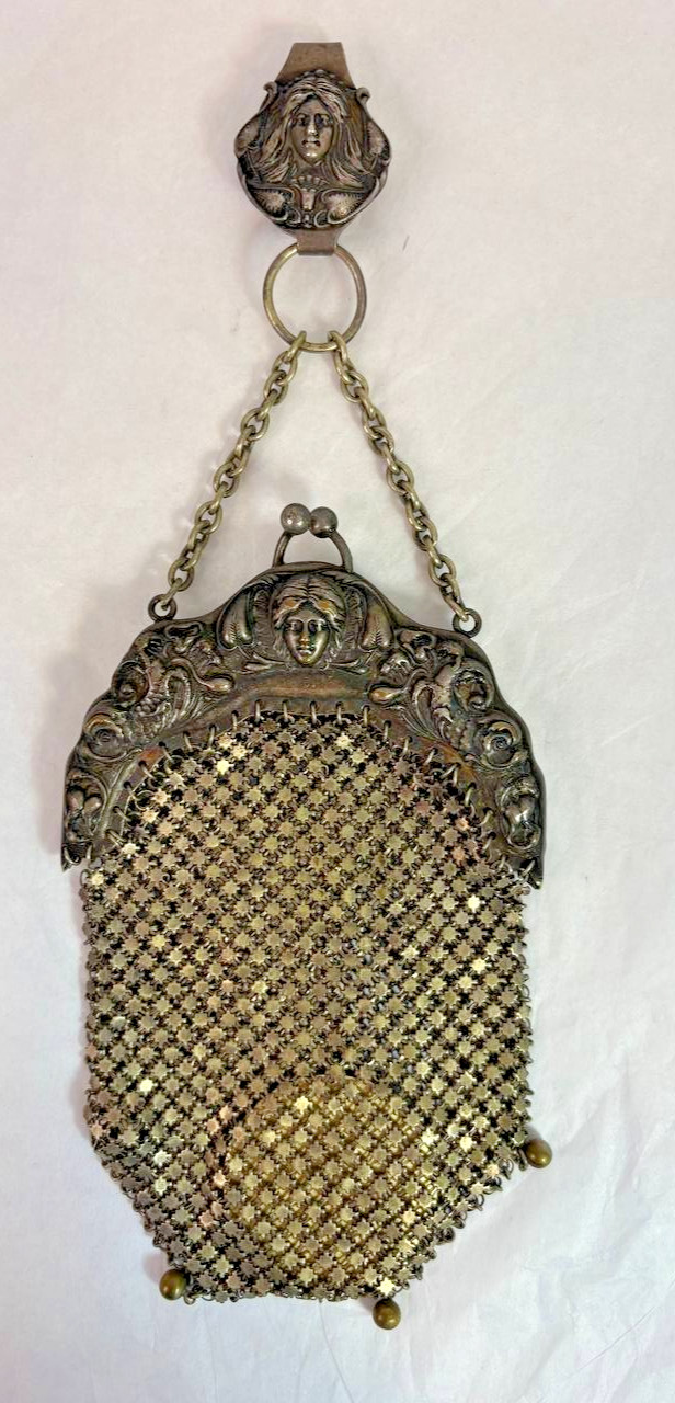 Antique German Silver Mesh Chatelaine Purse Gold Tone Tassel Chain Mail Kilt