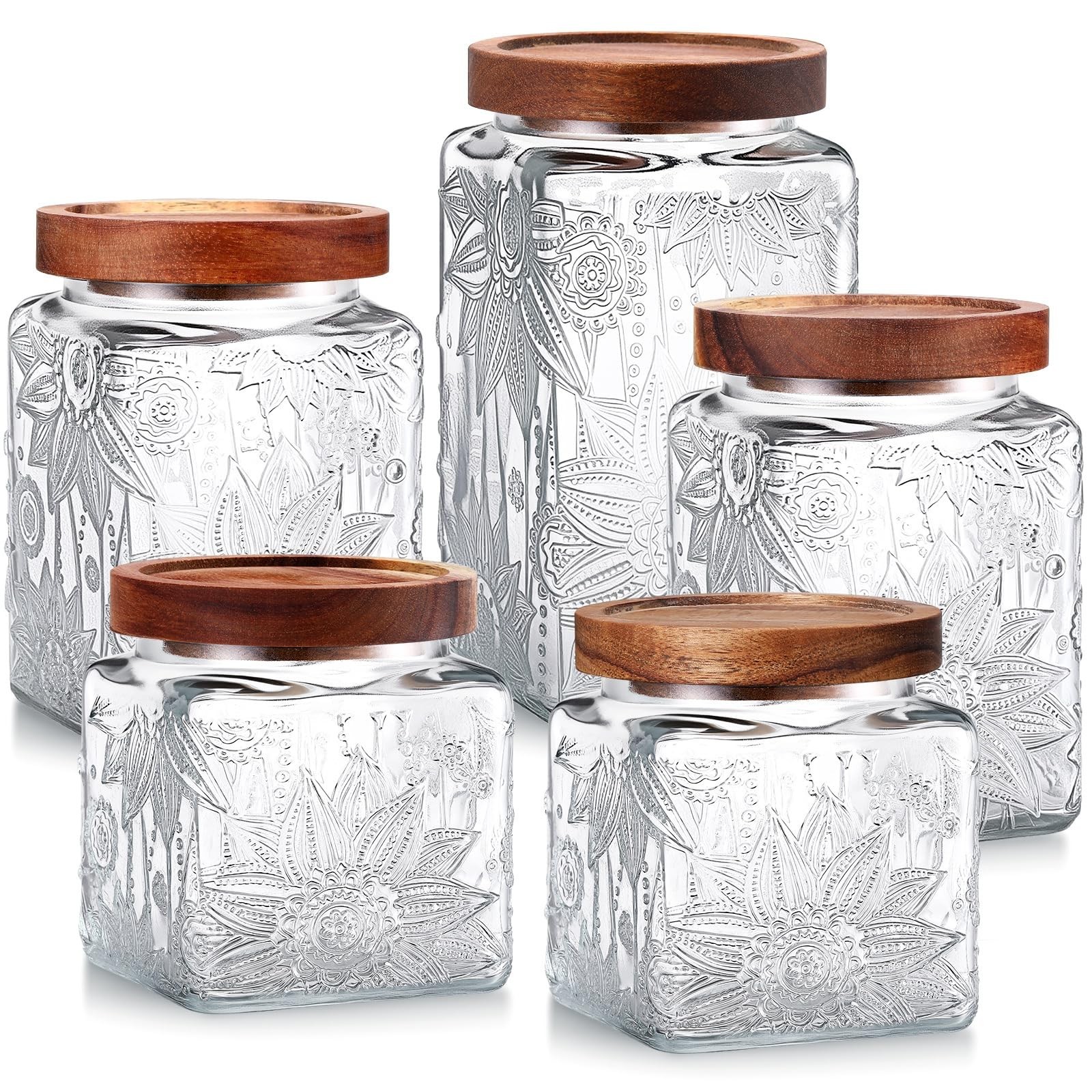 5 Pcs Vintage Sunflower Glass Jars with Airtight Lids - Square 17/24/34 oz Set