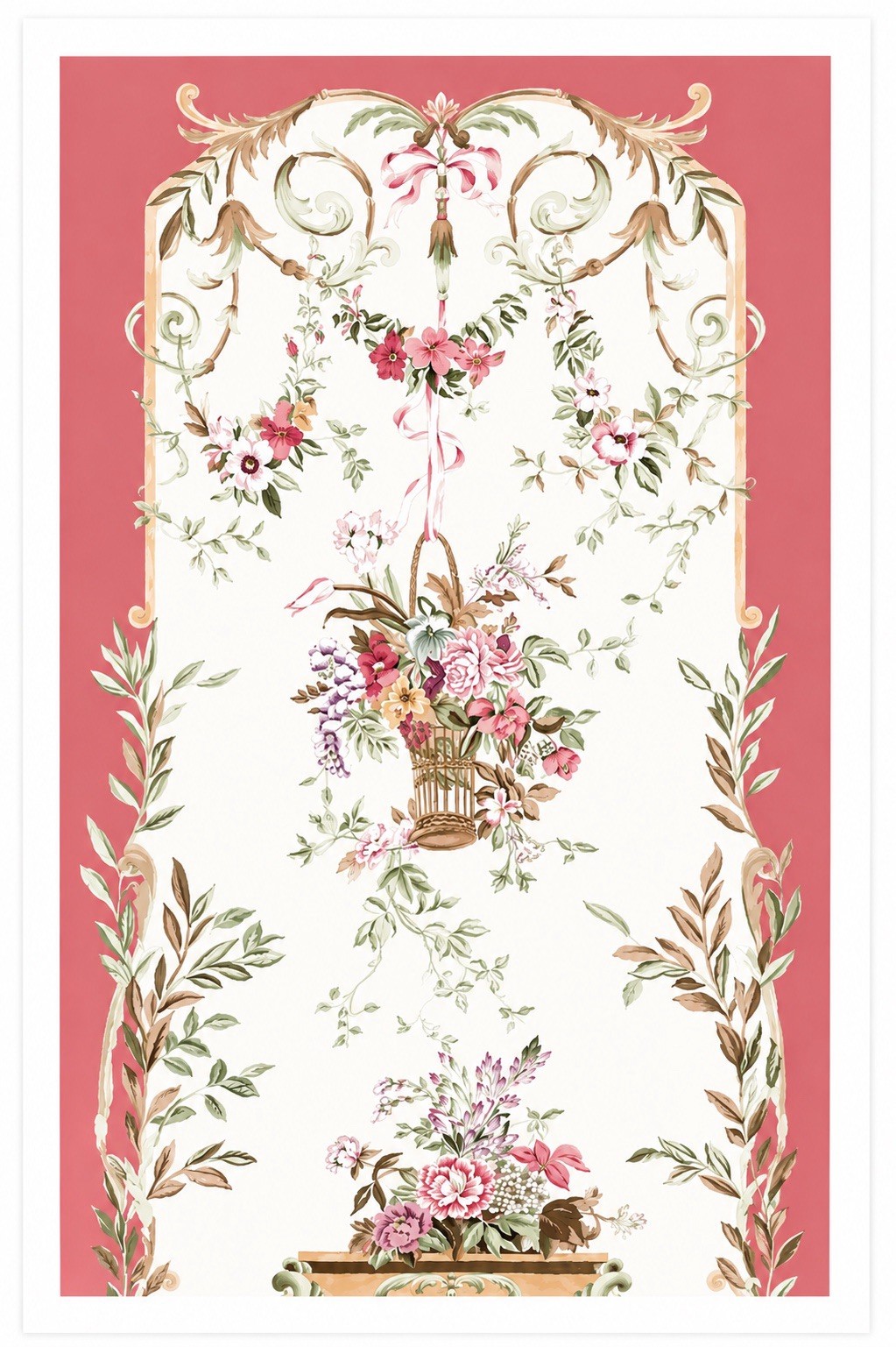 Pair Hand Painted 64” Watercolor Paper Panels Floral French Louis XVI Rococo Pair Hand Painted 64” Watercolor Paper Panels Floral French Louis XVI Rococo