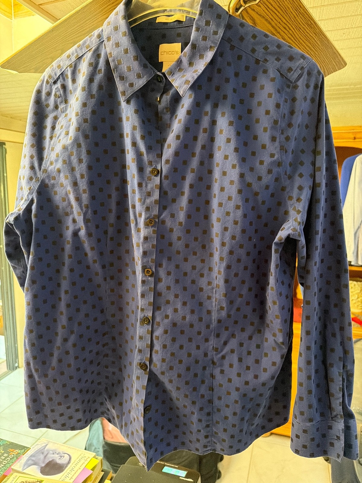 Chico’s no iron blue and black button up shirt
