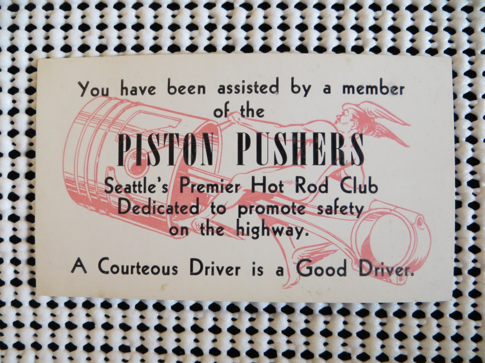ORIGINAL 1950'S PISTON PUSHERS SEATTLE HOT ROD CLUB COURTESY CARD 