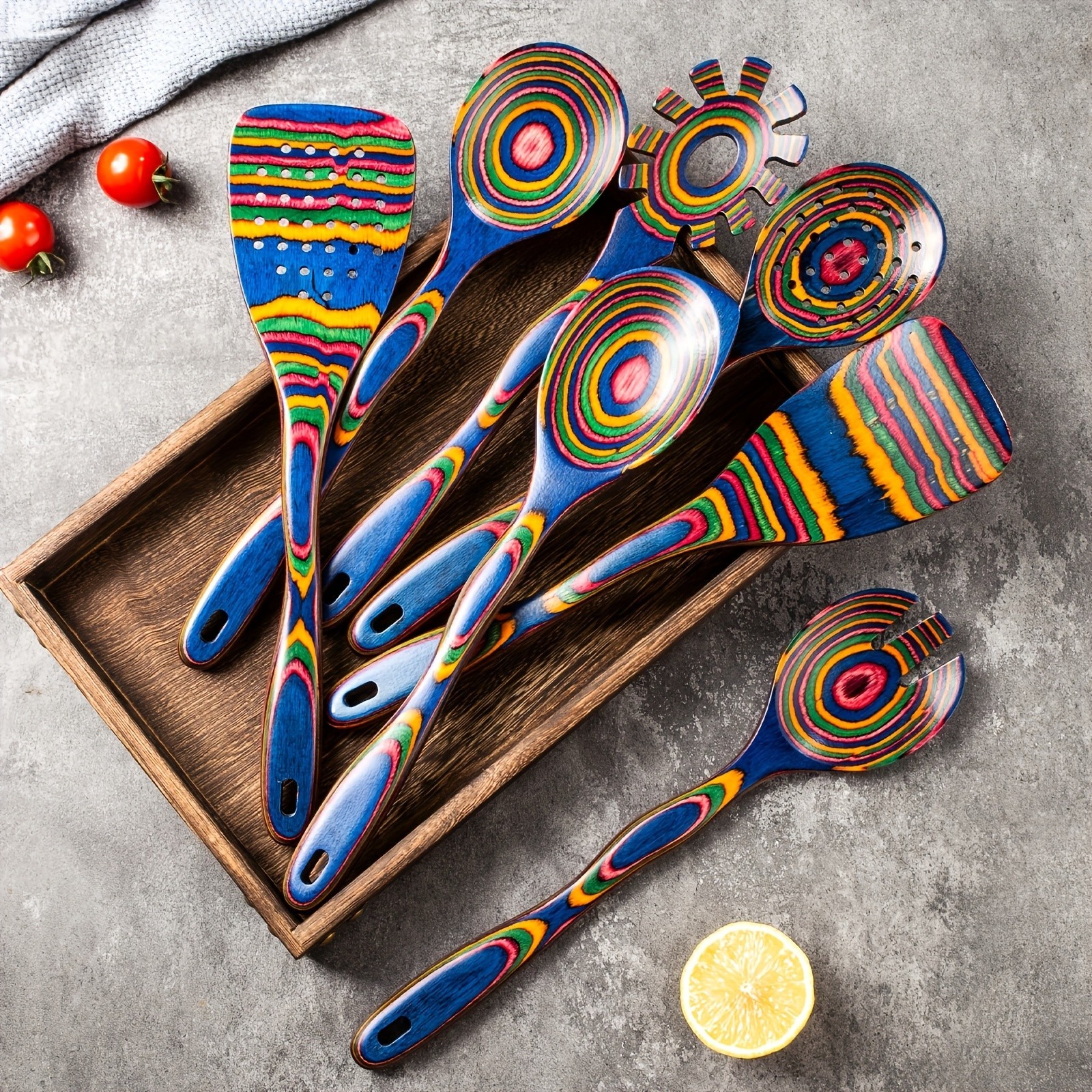 Pakkawood 7-Piece Blue Wooden Cooking Utensils - Wooden Spoons, Kitchen Utensils