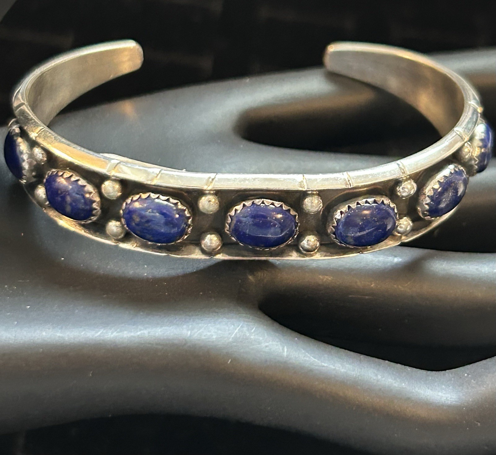 Reed Charley Signed Navajo Handmade Sterling and Lapis Stone Cuff - Size 6 7/8”