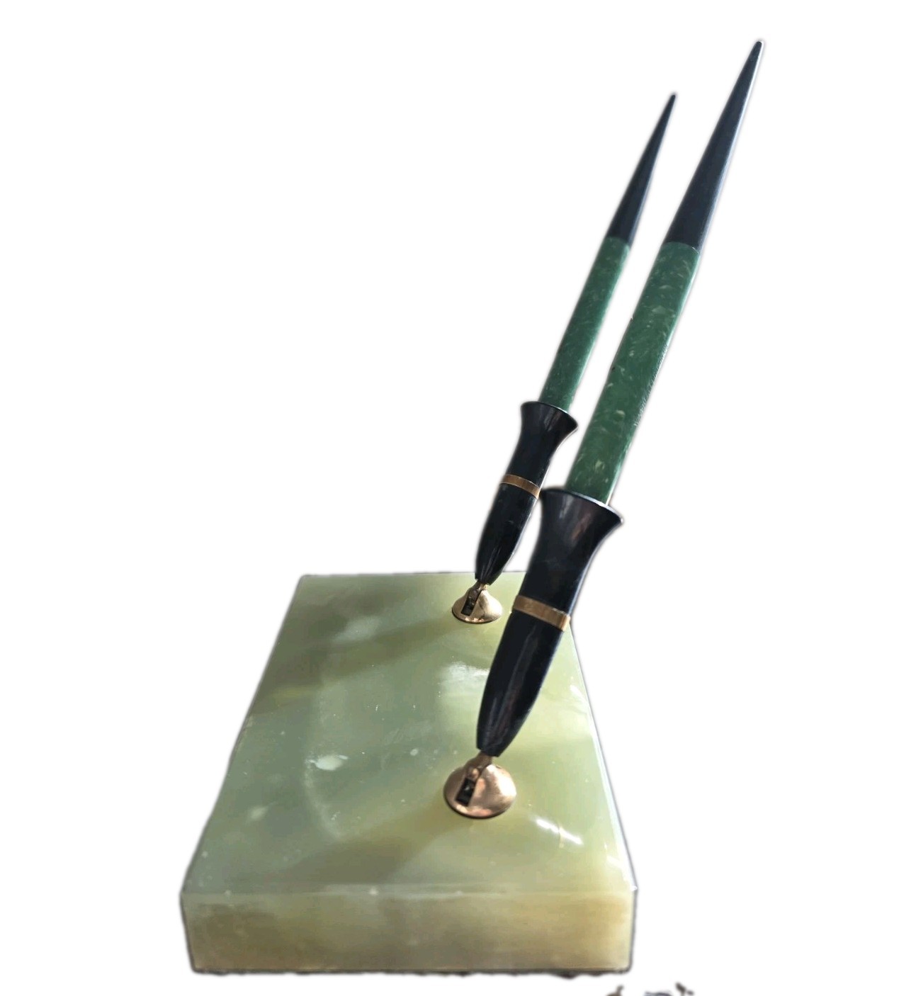 Vintage Sheaffer 505 Desk Fountain Pen Set Green Onyx Marble Base 14K Gold Nibs