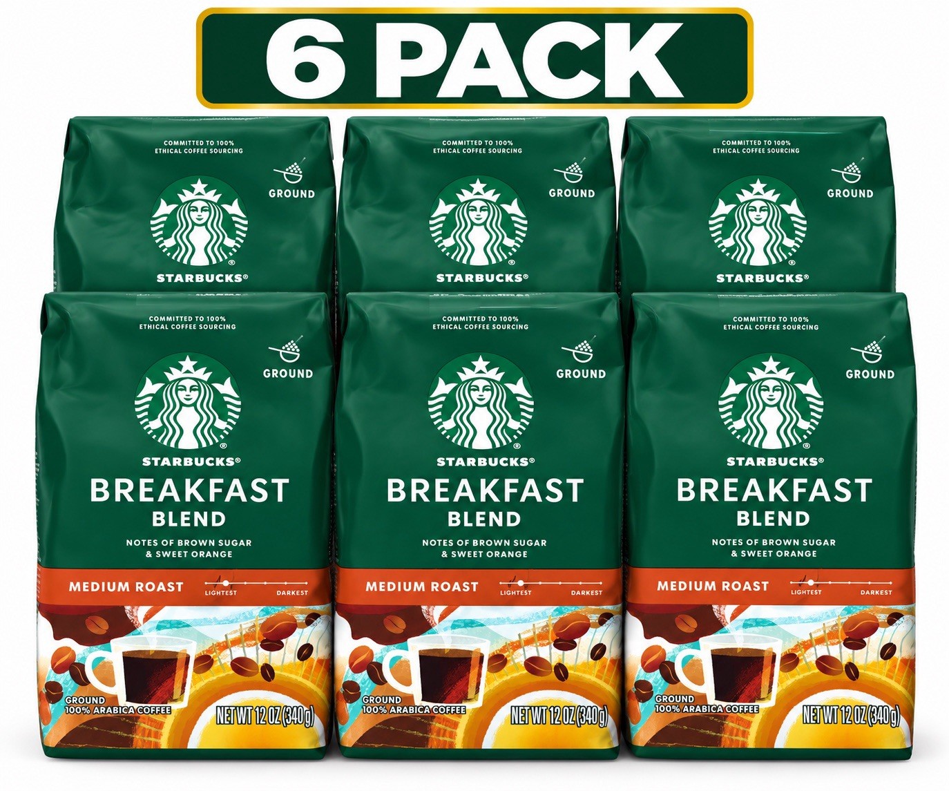 LOT OF 6 Starbucks Breakfast Blend Medium Roast Ground Coffee - 12 Oz EACH LOT OF 6 Starbucks Breakfast Blend Medium Roast Ground Coffee - 12 Oz EACH