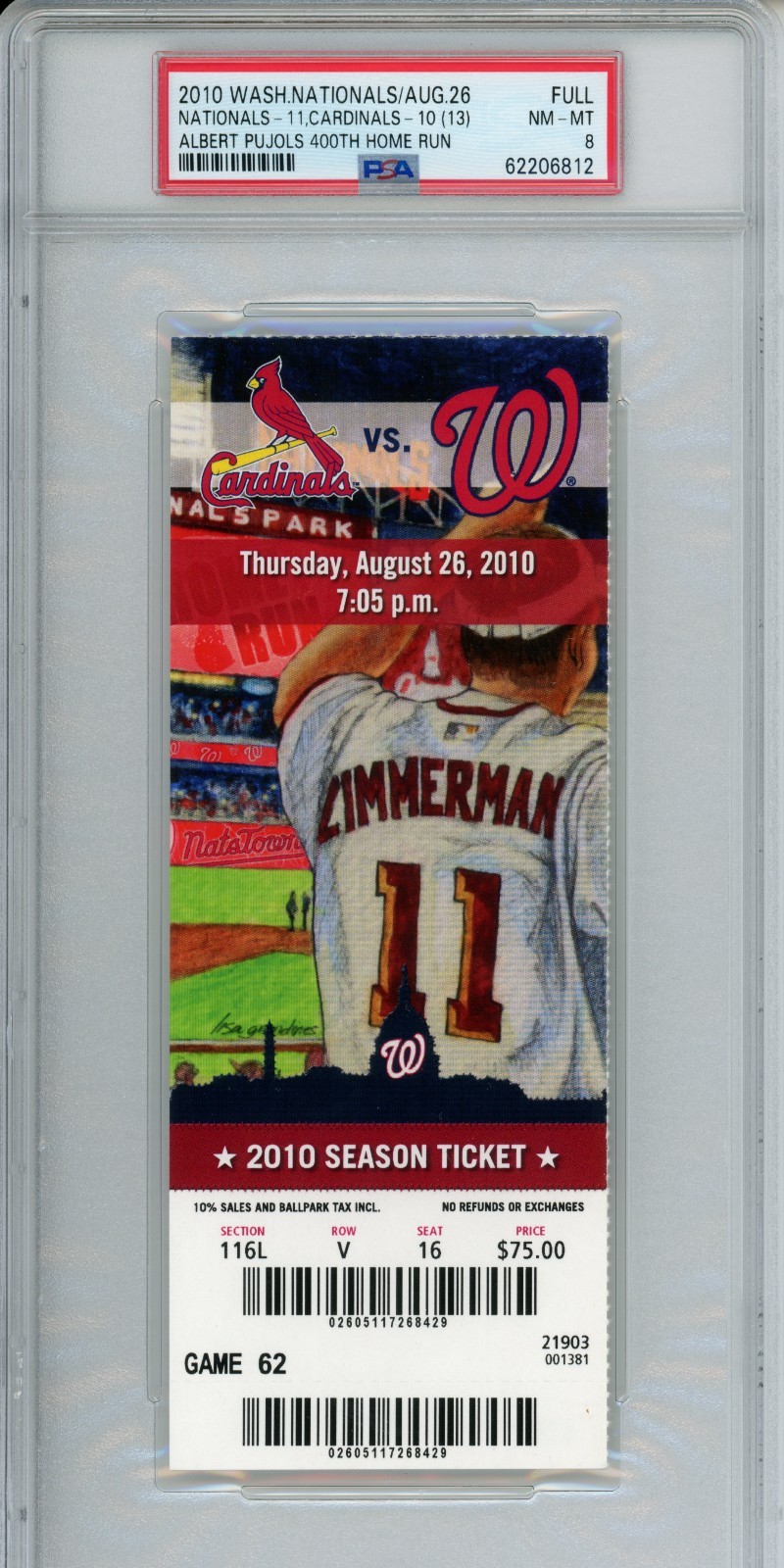2010 Washington Nationals Ticket Albert Pujols 400 HR PSA Saint Louis Cardinals