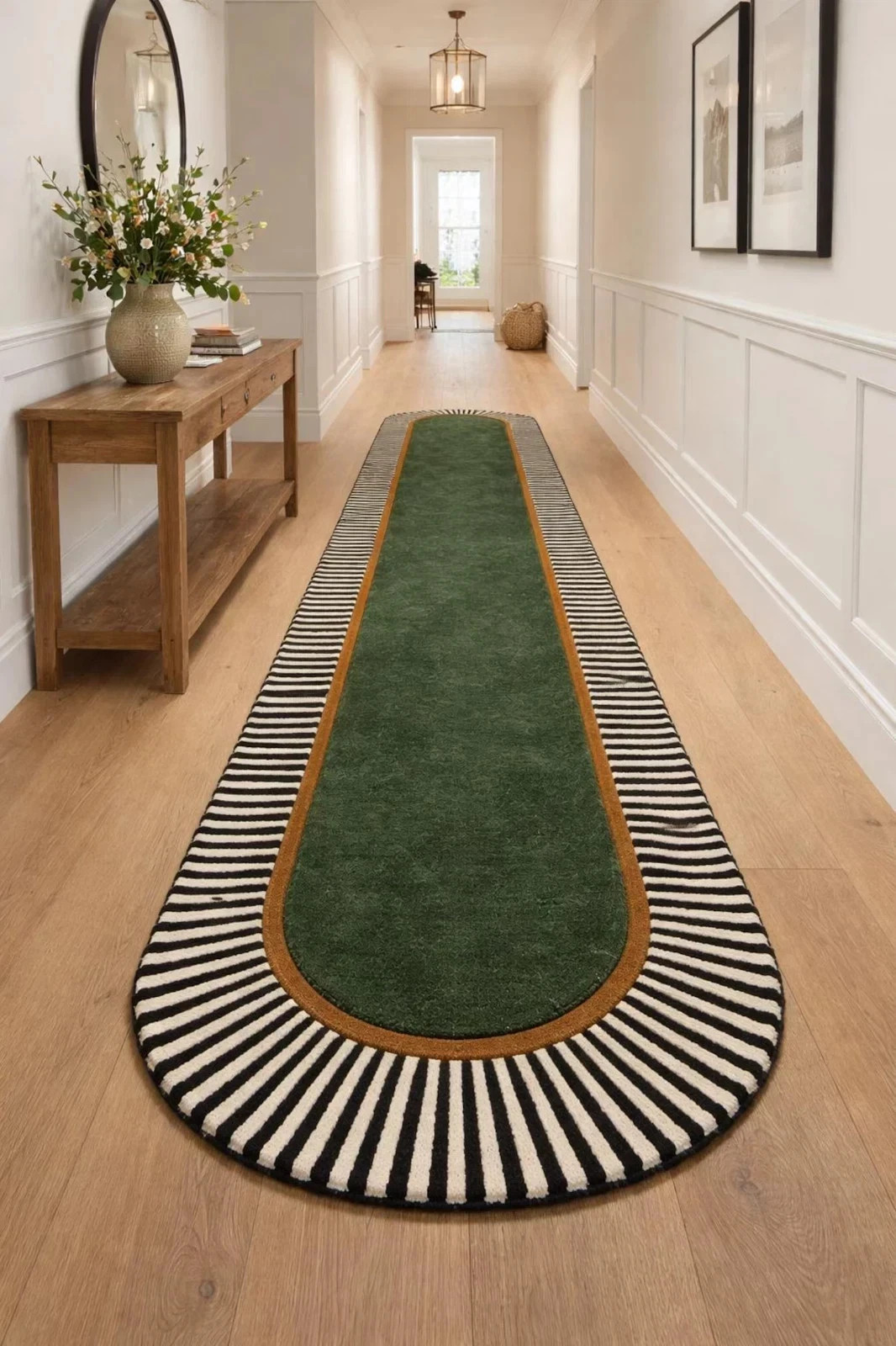 Hand-Tufted Modern Runner Carpet with Green Center & Striped Border 2x18 Runner