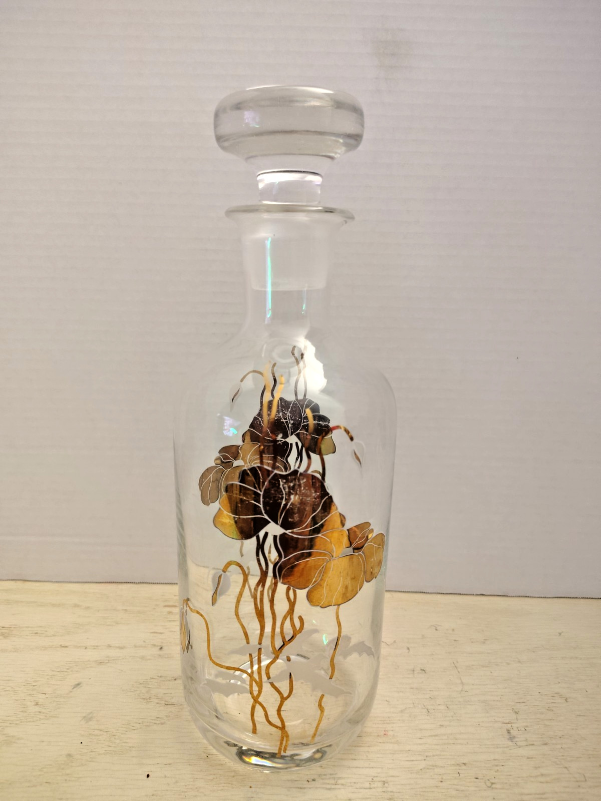 Vintage Style Clear Glass Floral Decanter Amber Gold Hand Painted Bottle Stopper